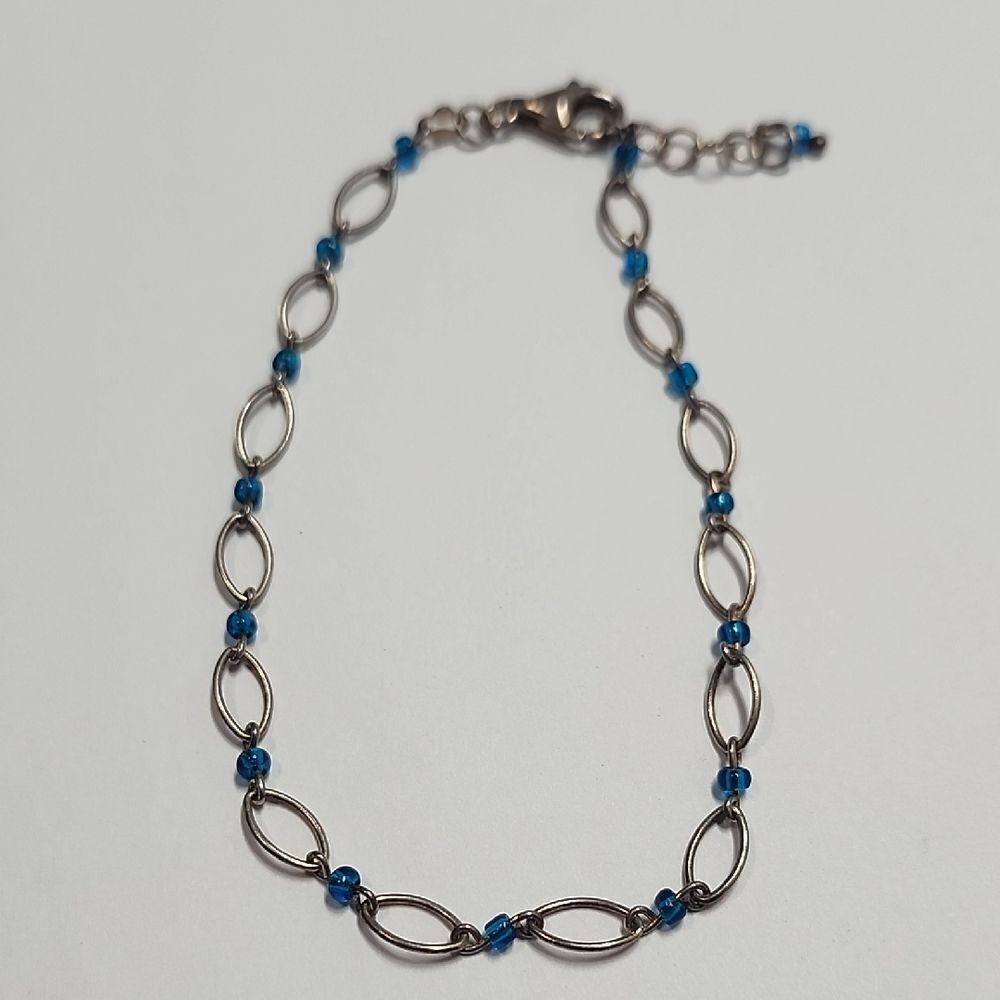 Silpada Sterling Silver Oval Link Blue Bead Anklet Ankle Bracelet RARE HTF